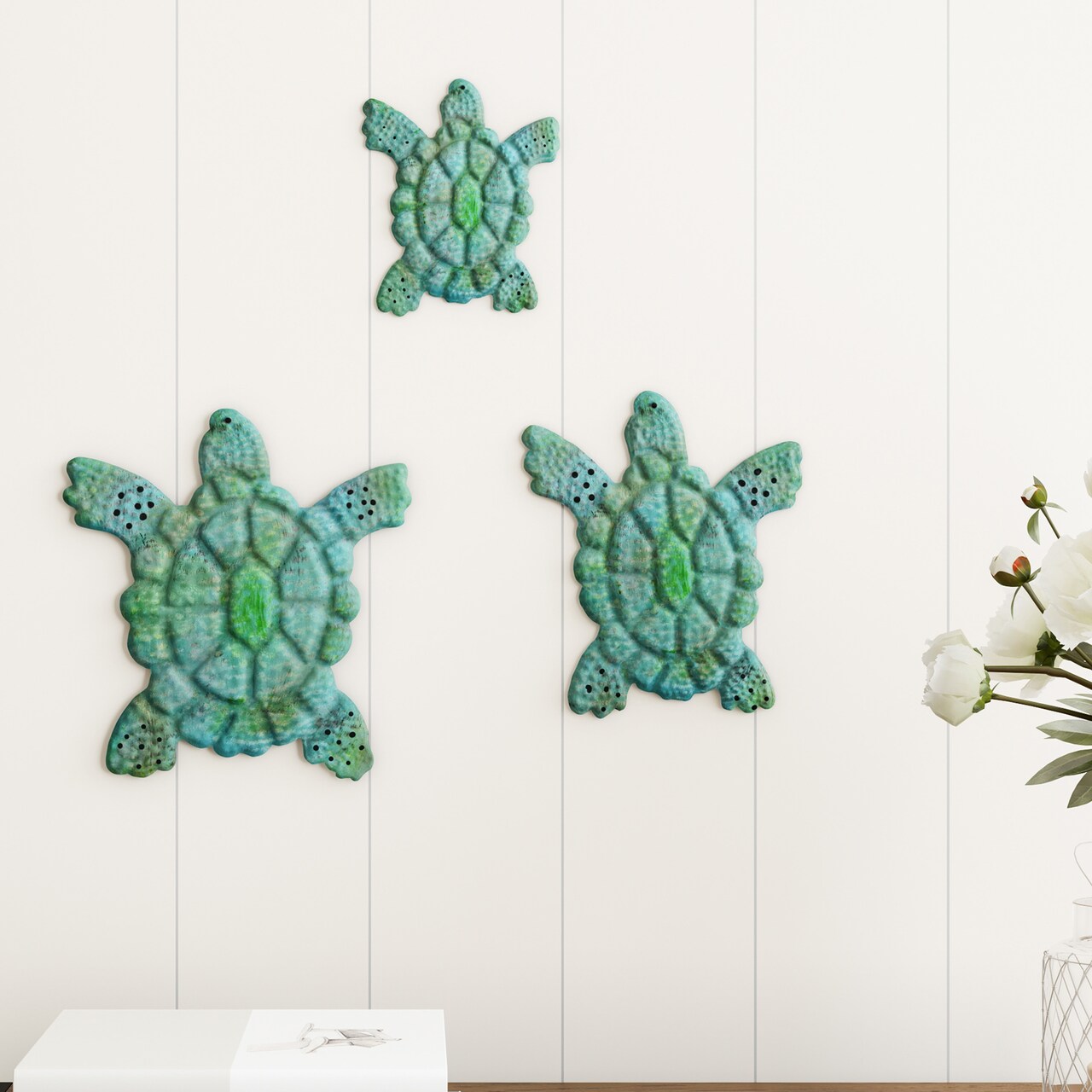 Sea Turtle Metal Wall Art Nautical 3D Hanging Decor Vintage Coastal Set 3 Pack